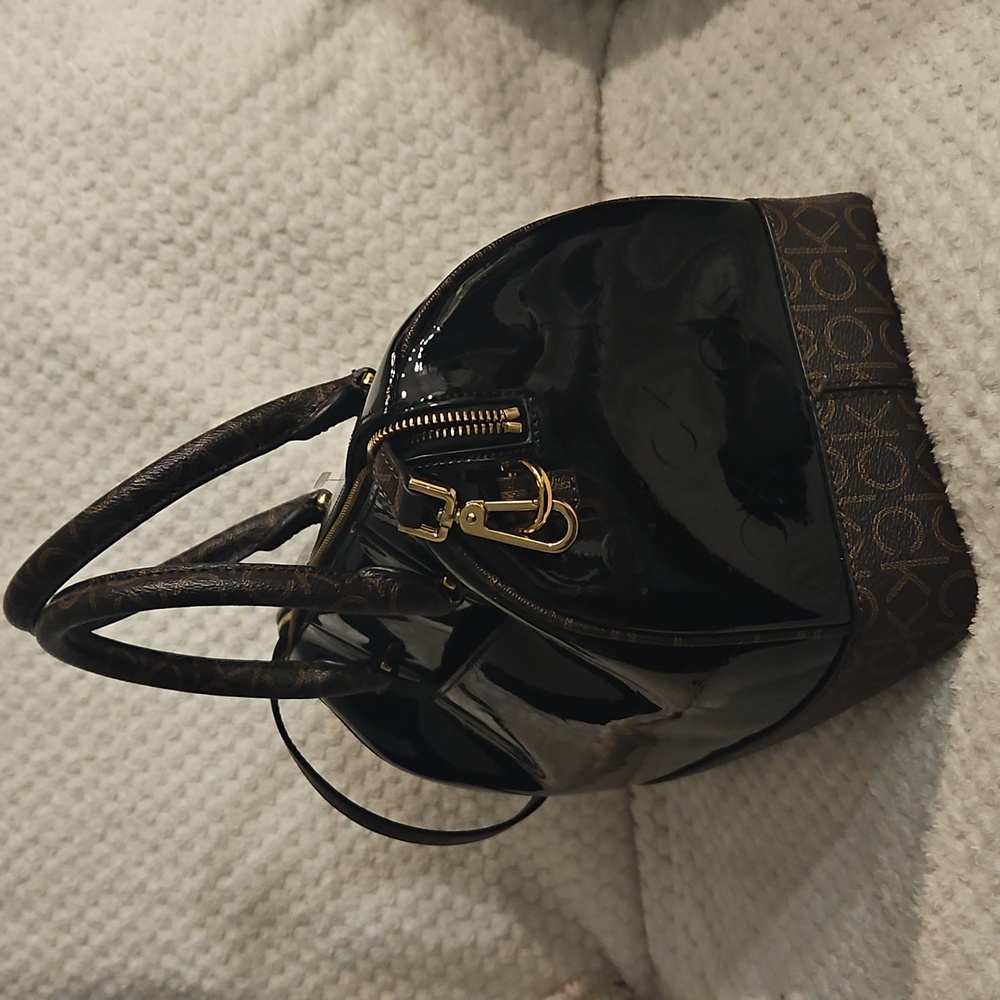Calvin Klein Glossy Patent Leather Brand Monogram Brown Sachel - Picture 7 of 16